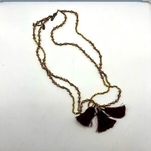 NEW gold beaded lariat necklace with three brown tassels